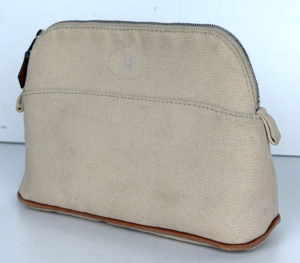 Hermes Cotton Canvas Toile Mini Bolide Travel Cosmetic Pouch Bag in Beige
